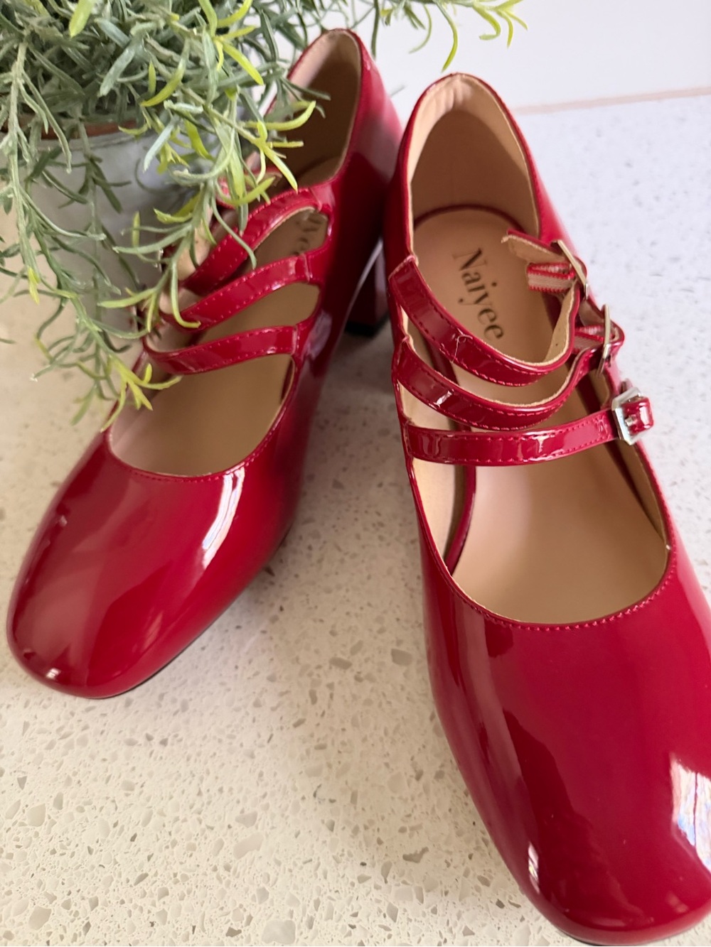 Red Patent Triple-Strap Mary Jane Heels